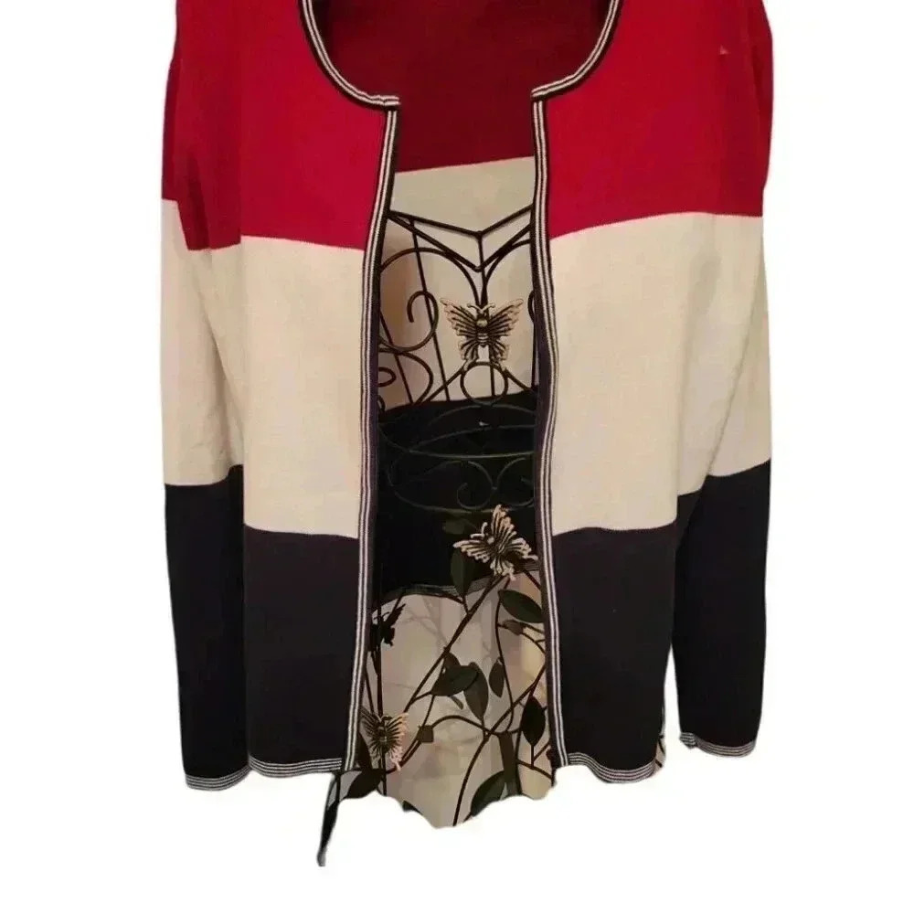 Fine Knit Sweater Cardigan Jacket in panels of Red White and Black Med